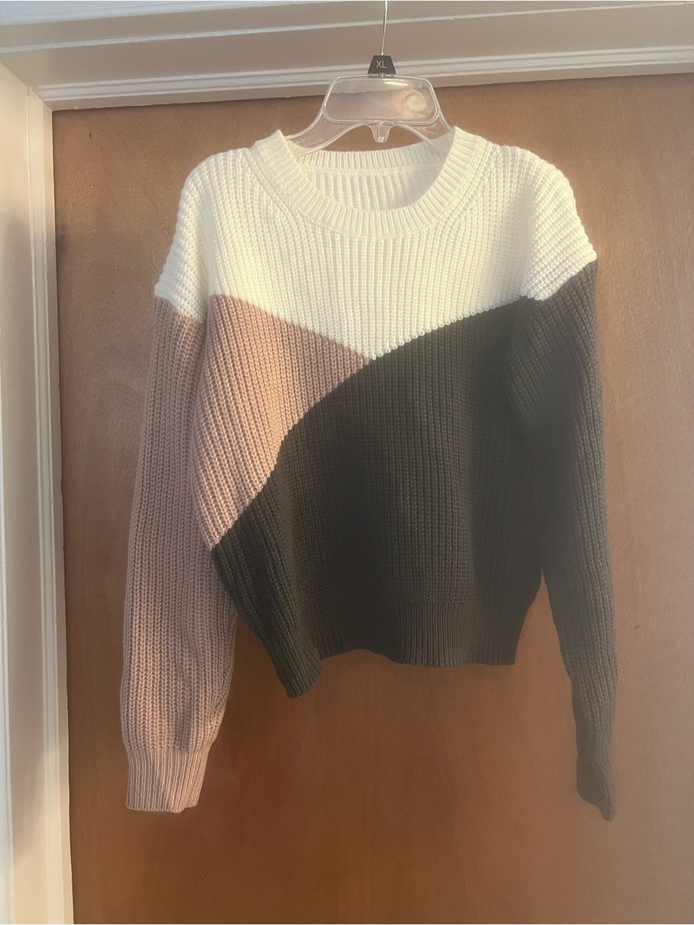 SHEIN Women’s Light Cream, Blush & Charcoal Colorblock Crewneck Sweater